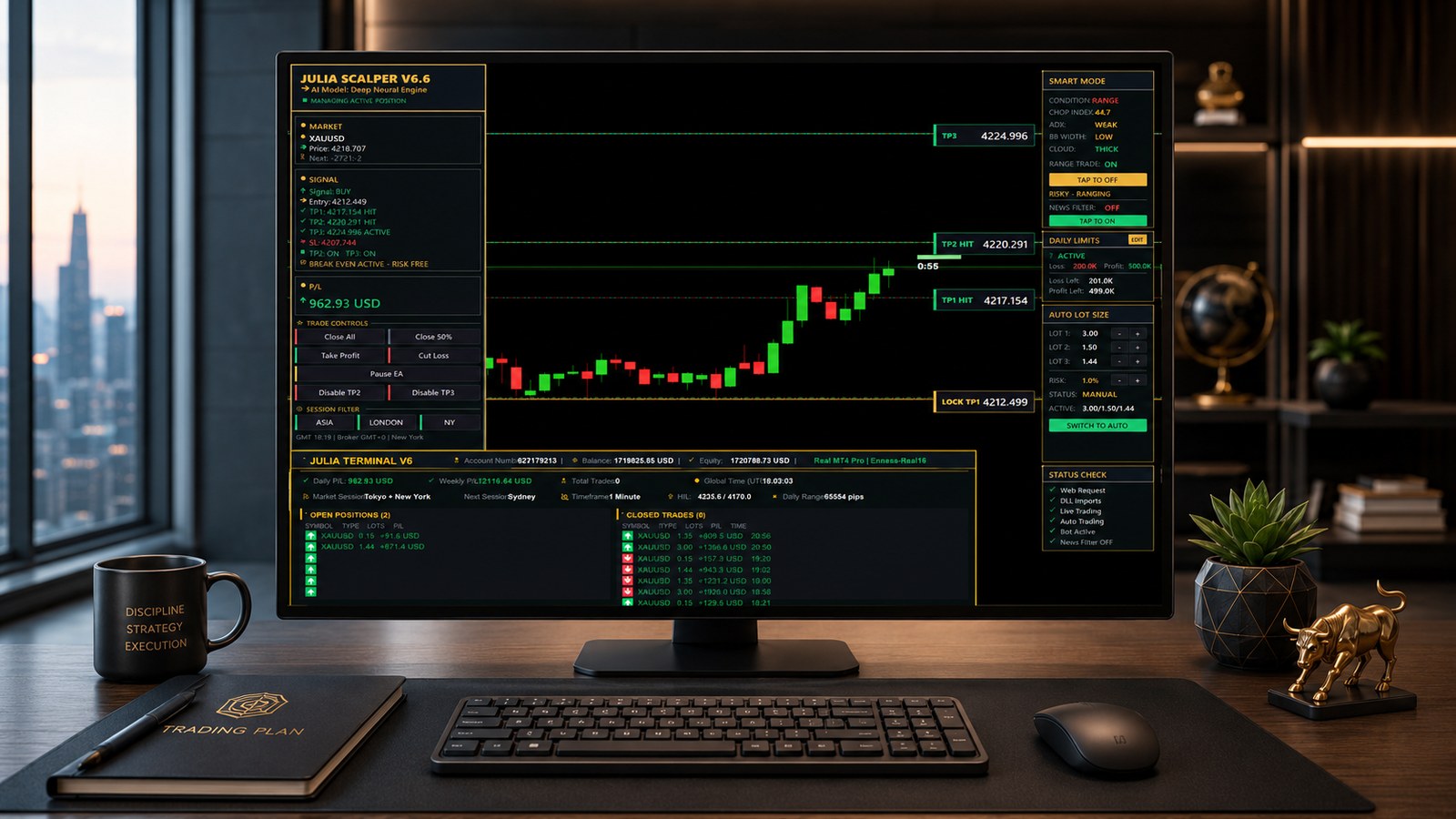 Julia Scalper EA running on a trading desk monitor — fully automated, hands-off